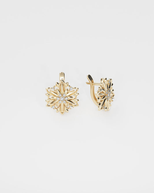 Gold Earrings Edelweiss with diamonds (Size M)