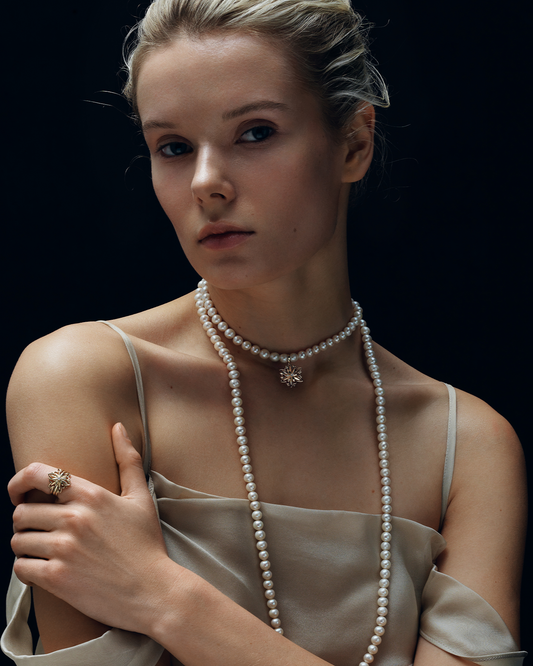 Long necklace Edelweiss with pearls and diamonds