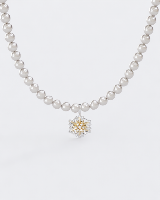 Long necklace Edelweiss with pearls and diamonds