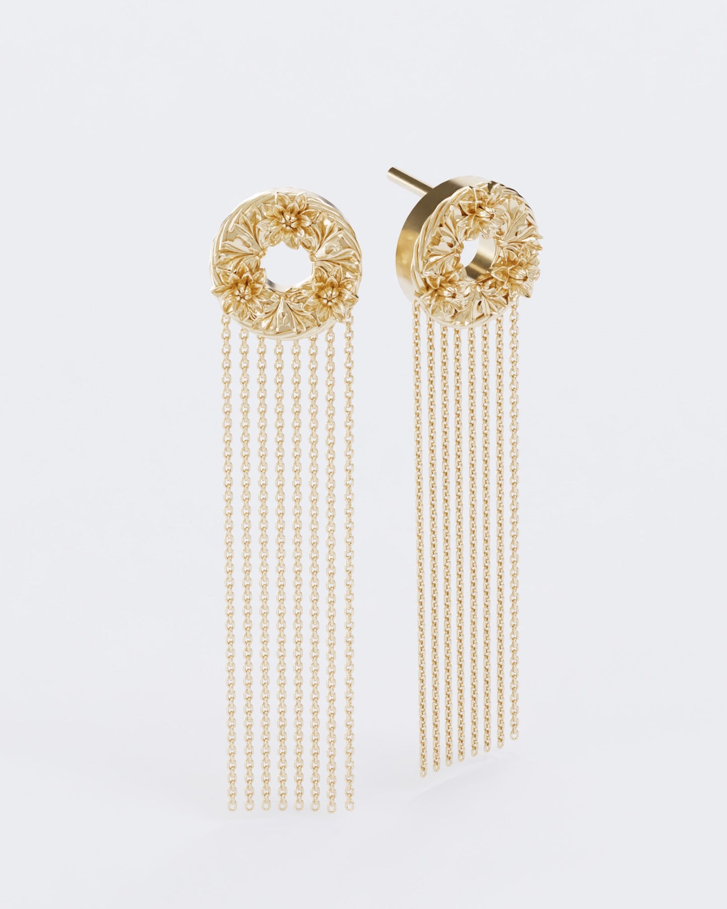 Spring gold earrings with chains